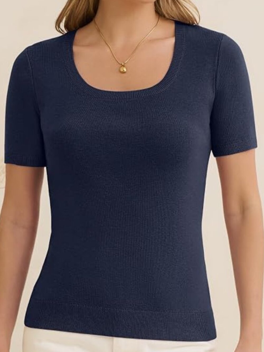 ANRABESS Navy Wool Blend Short Sleeve Knit Sweater Large